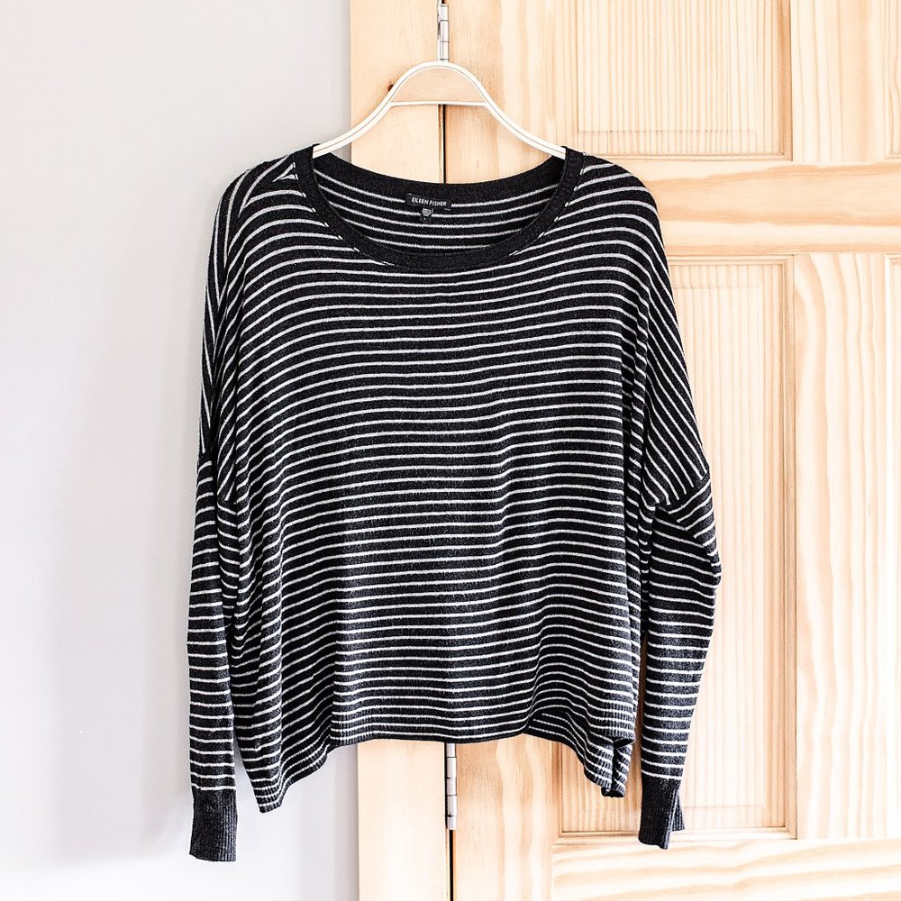 Eileen Fisher Italian Yarn Crew Neck Knit Sweater Cropped Oversized Sz L